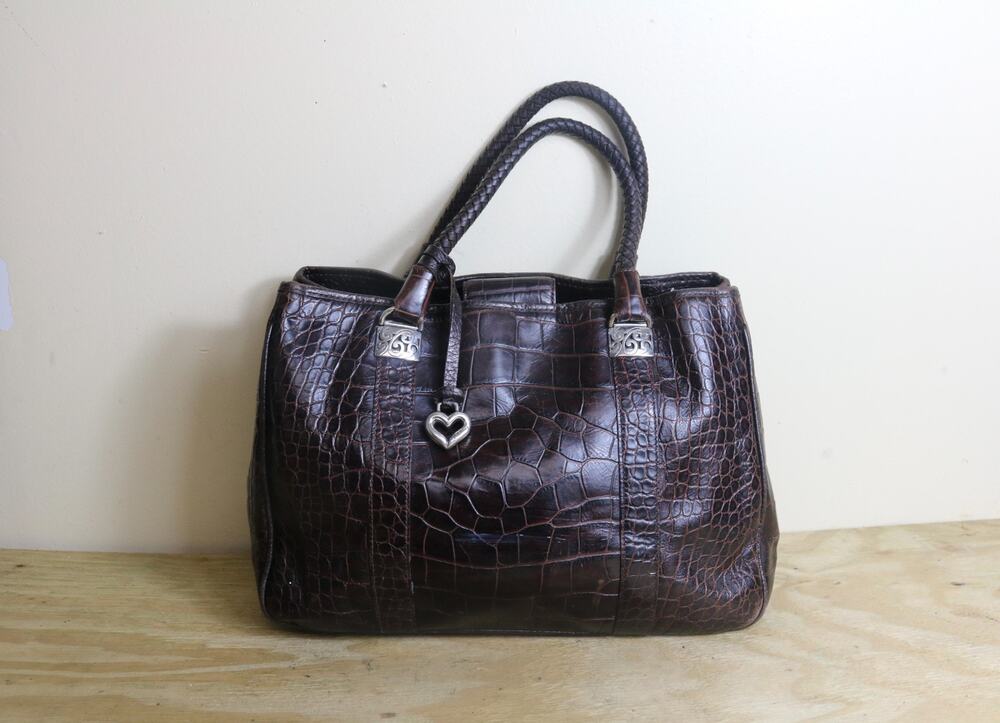 Vintage Brighton Handbag Brown Leather Croc Embossed Queen Of Love Satchel